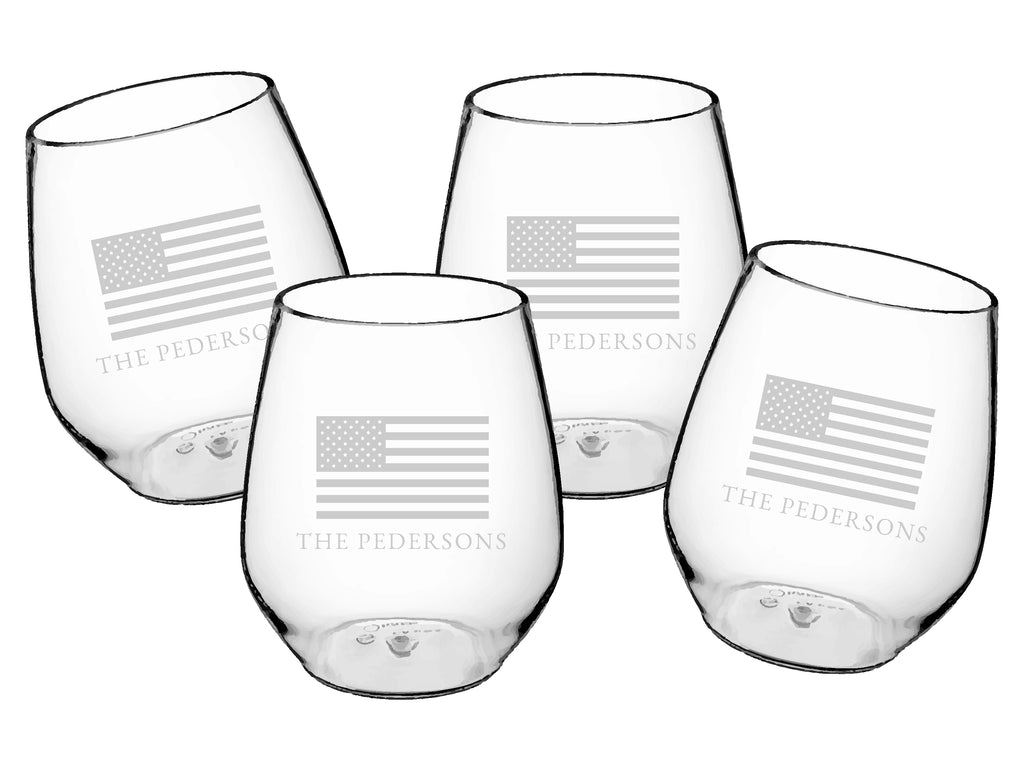 American Flag Acrylic  Stemless Wine Cups Engraved, Set of 4