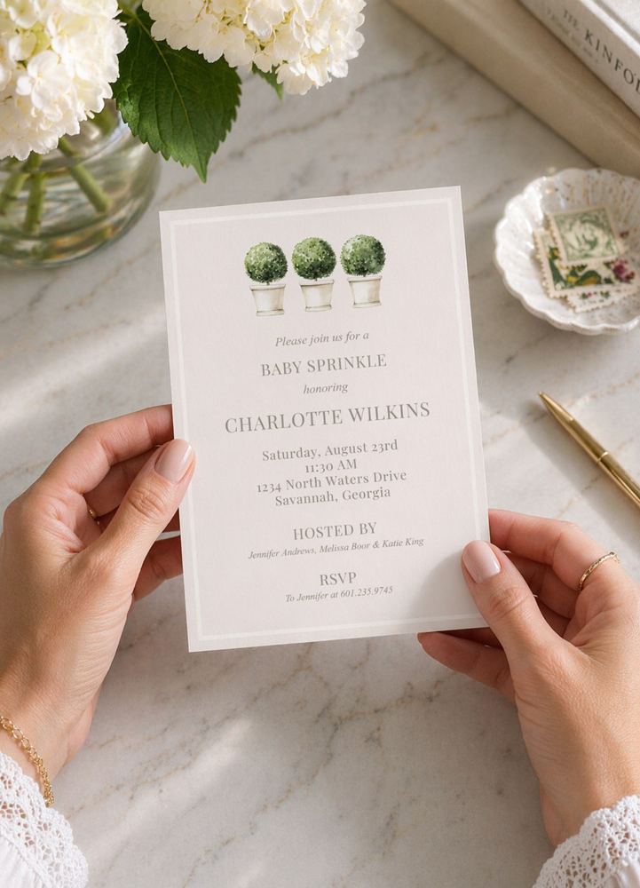 Personalized Heritage Topiary invitation held beside flowers