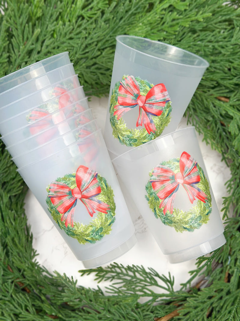 Tartan Bow Wreath Frosted Cups, Set of 10
