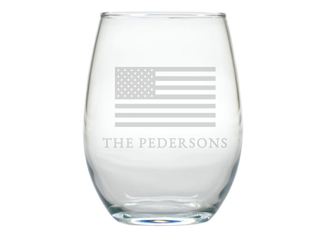 American Flag Stemless Engraved Wine Glasses
