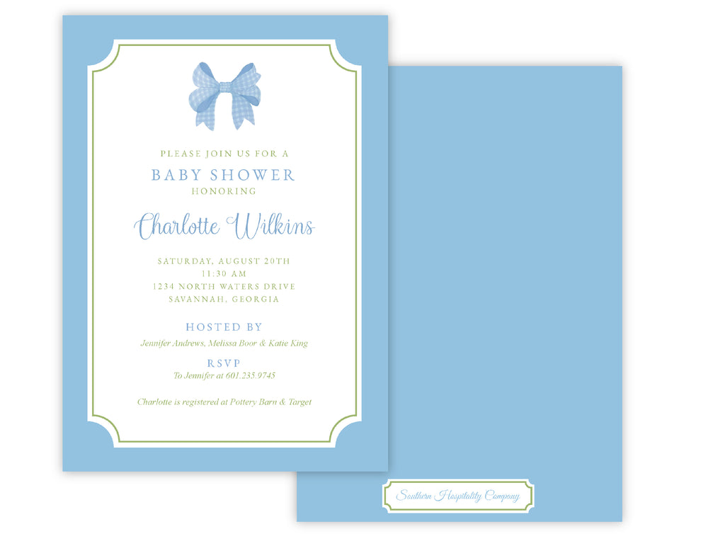 Blue & Green Bow Baby Shower Invitation