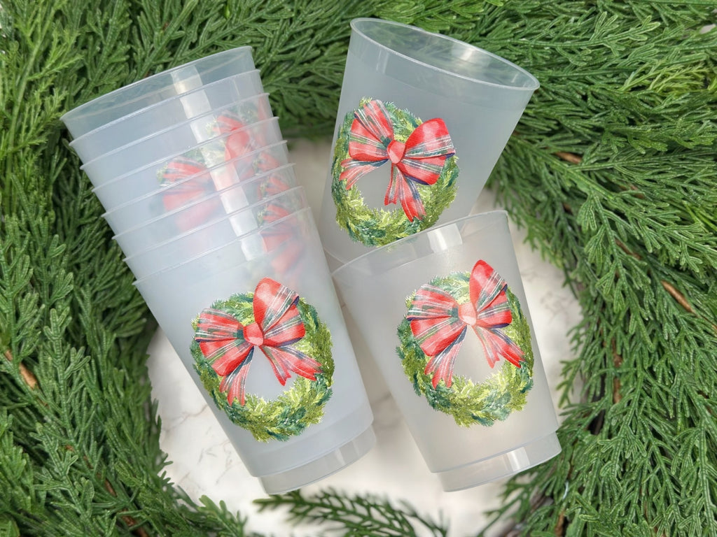 Tartan Bow Wreath Frosted Cups, Set of 10
