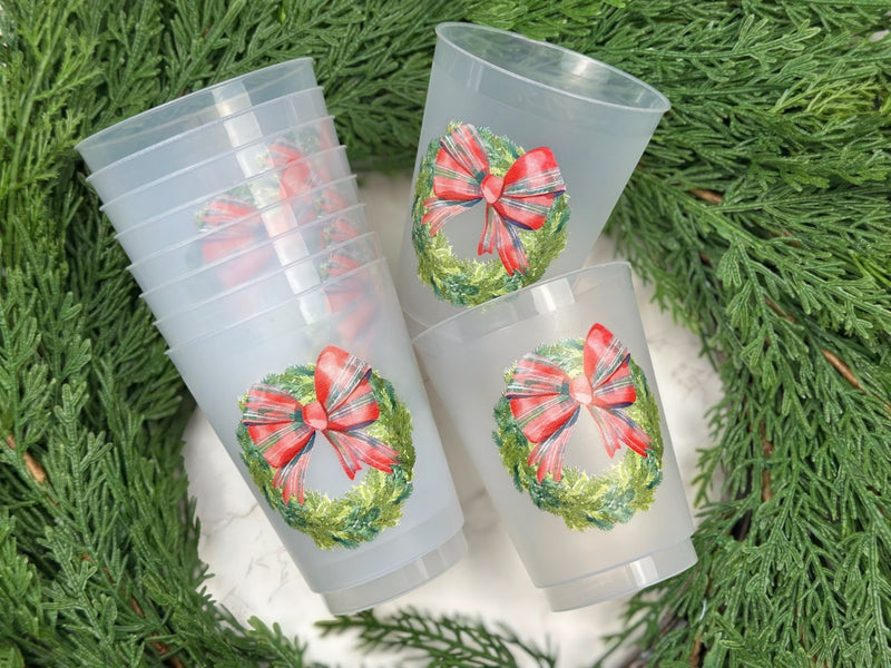 Tartan Bow Wreath Frosted Cups, Set of 10