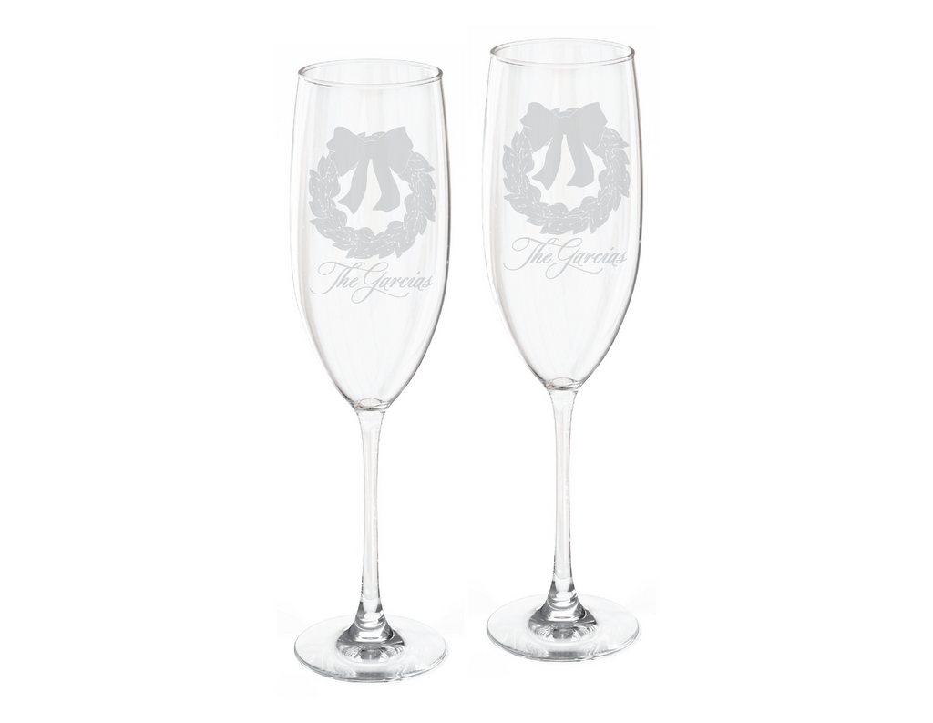 Magnolia Wreath Champagne Flute Engraved Glasses
