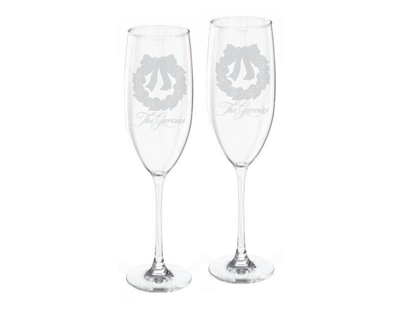 Magnolia Wreath Champagne Flute Engraved Glasses