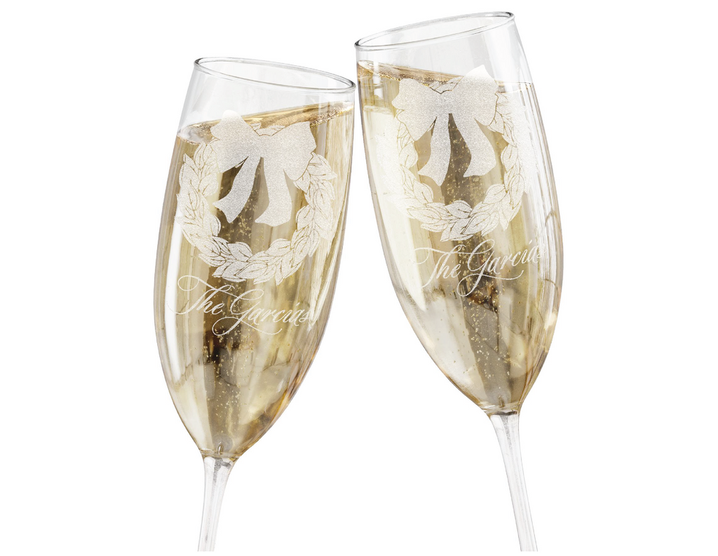 Magnolia Wreath Champagne Flute Engraved Glasses