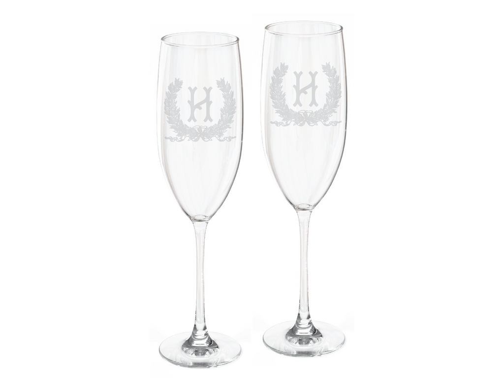 Savannah Wreath Champagne Flute Engraved Glasses