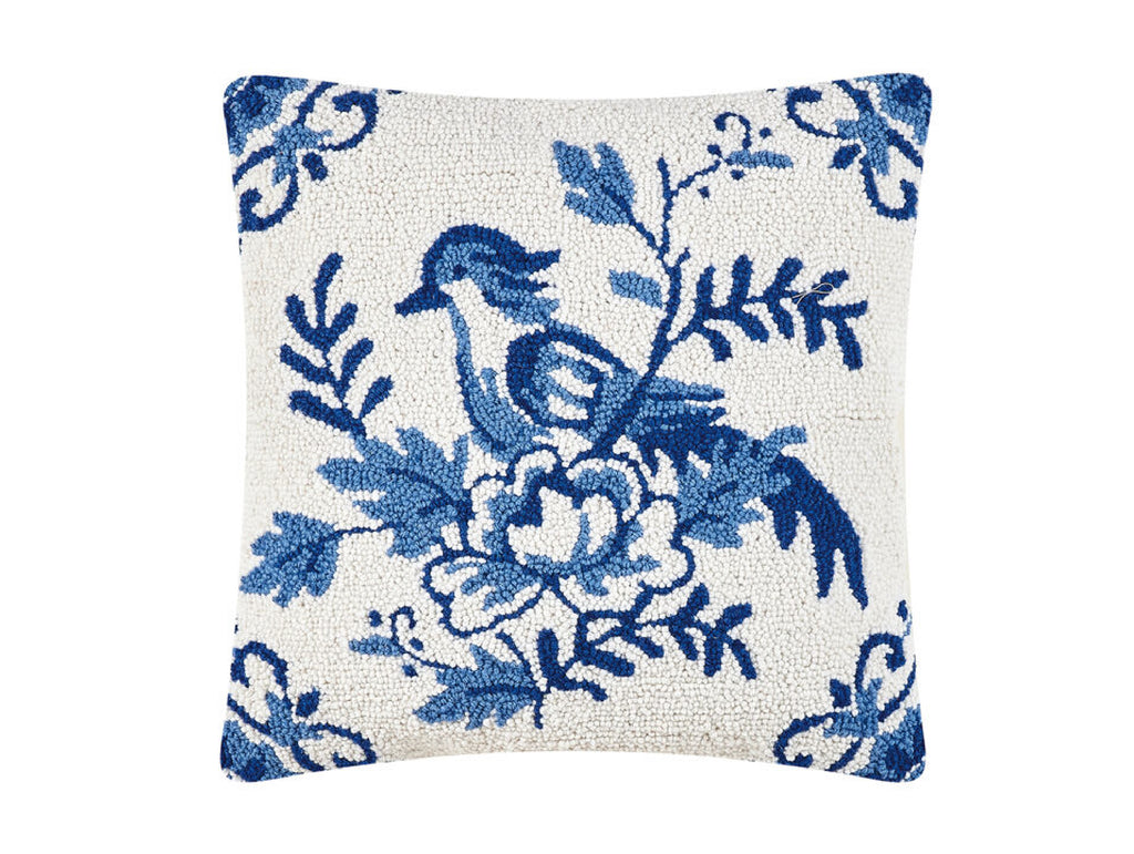 Chinoiserie Bluebird Hooked Pillow