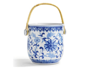 Blue & White Chinoiserie Bucket with Rattan Handle
