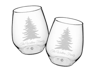 Evergreen Glass Stemless Wine Cups Engraved, Set of 4