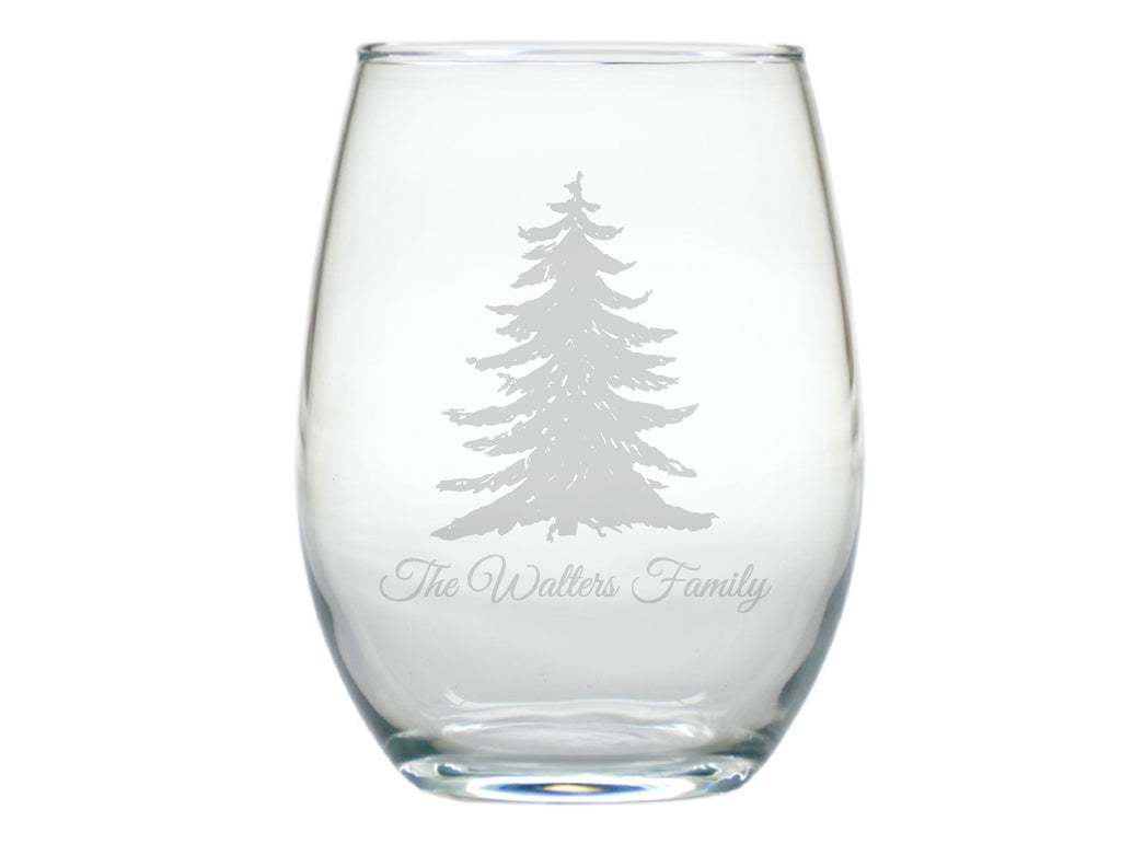 Evergreen Stemless Engraved Wine Glasses