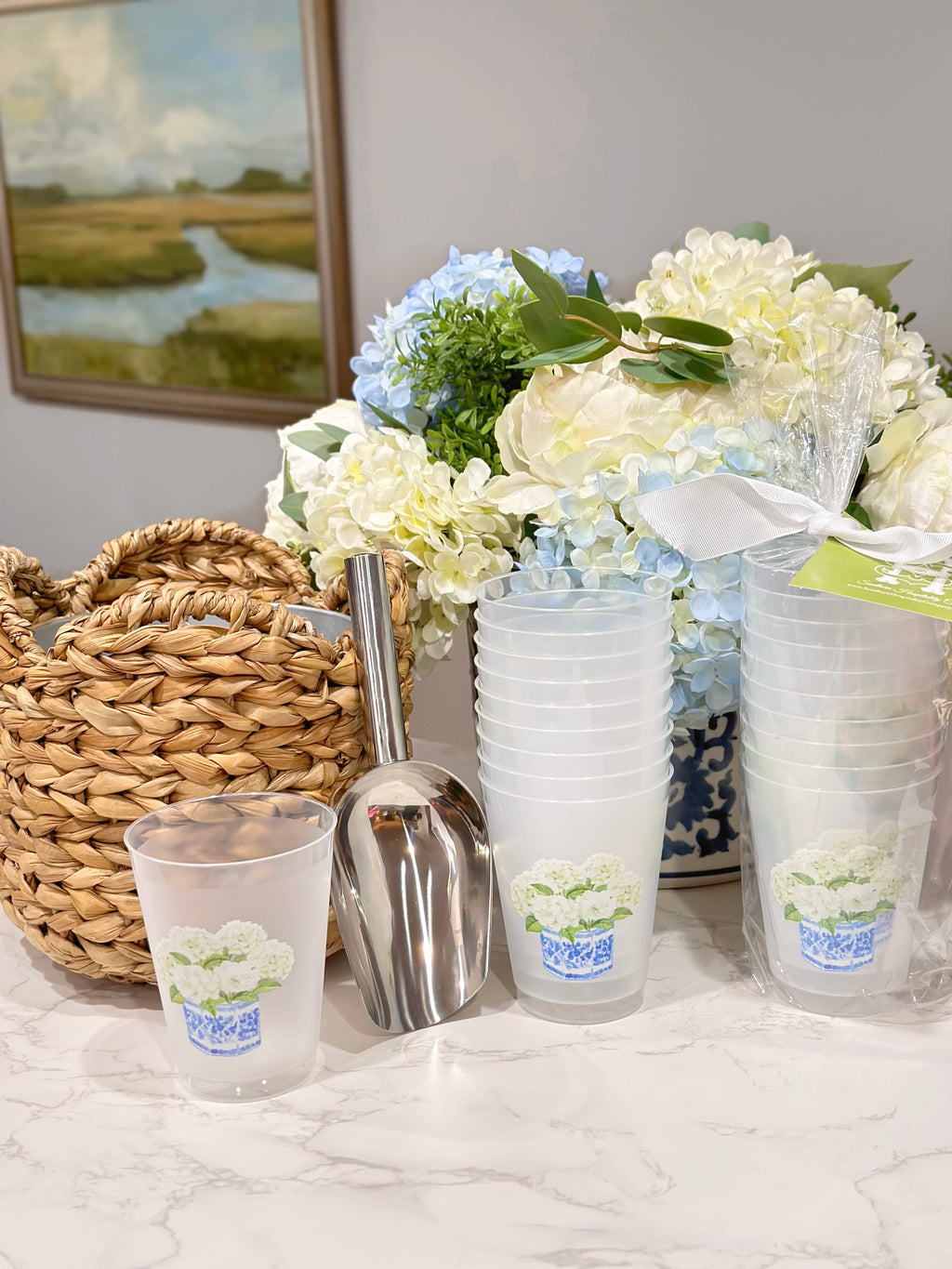 Botanical White Hydrangea Frosted Cups, Set of 10