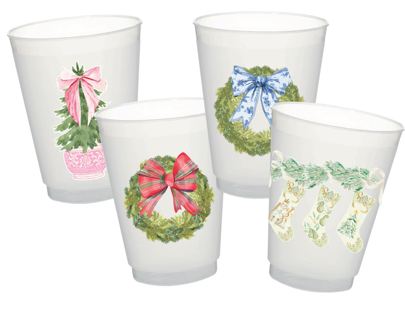 Tartan Bow Wreath Frosted Cups, Set of 10