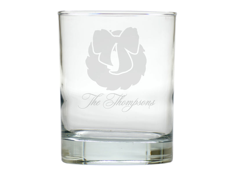 Magnolia Wreath Double Old Fashion Glass Engraved, Set of 6