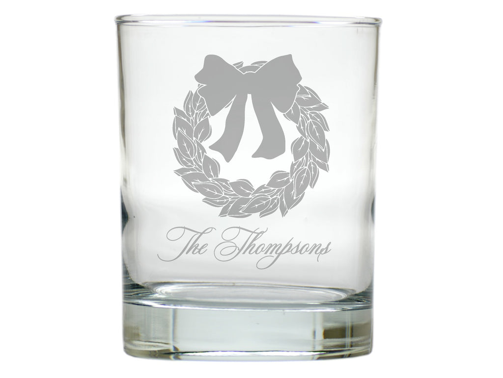 Magnolia Wreath Double Old Fashion Engraved Glasses