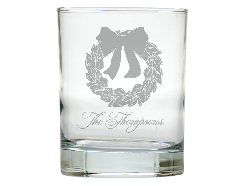 Magnolia Wreath Double Old Fashion Engraved Glasses