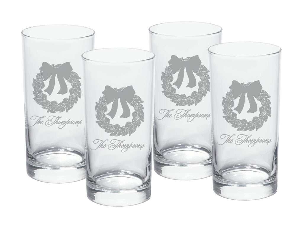Magnolia Wreath Engraved High Ball Glasses