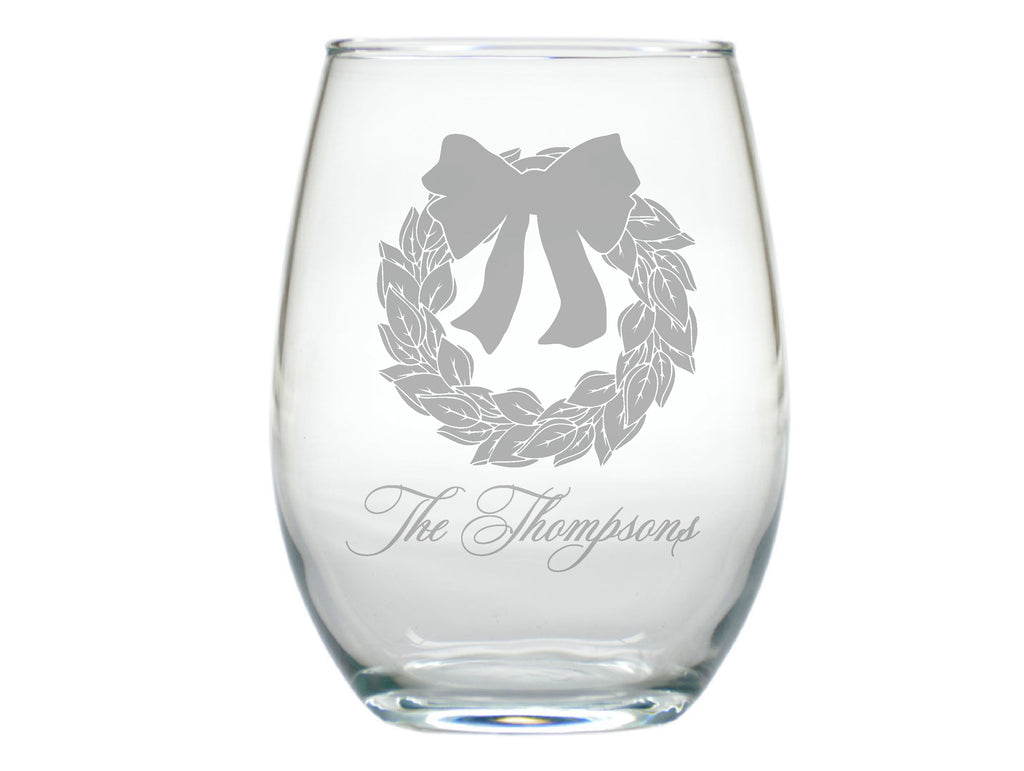 Magnolia Wreath Stemless Engraved Wine Glasses