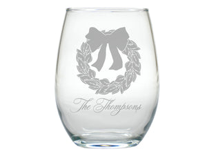 Magnolia Wreath Stemless Engraved Wine Glasses