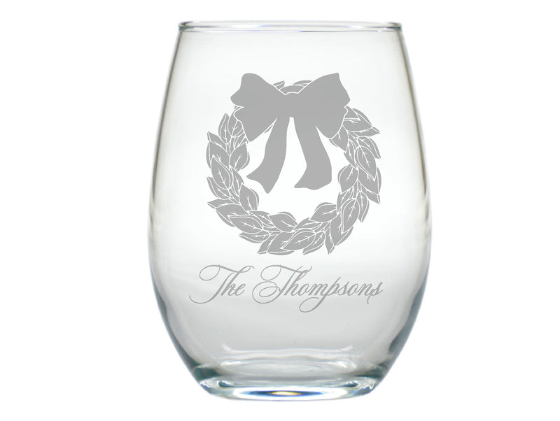 Magnolia Wreath Stemless Engraved Wine Glasses