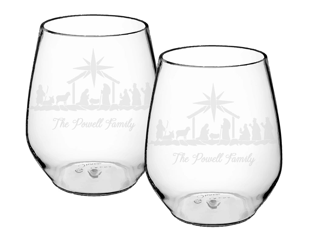 Nativity Glass Stemless Wine Cups Engraved, Set of 4