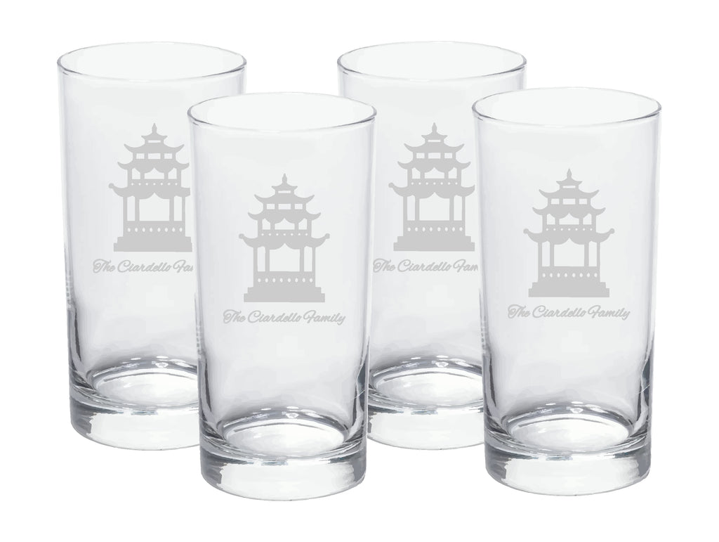 Pagoda High Ball Glasses Engraved, Set of 6