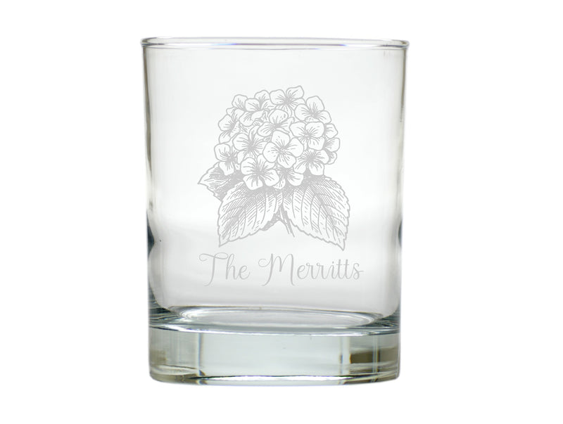 White Hydrangea Double Old Fashion Engraved Glasses