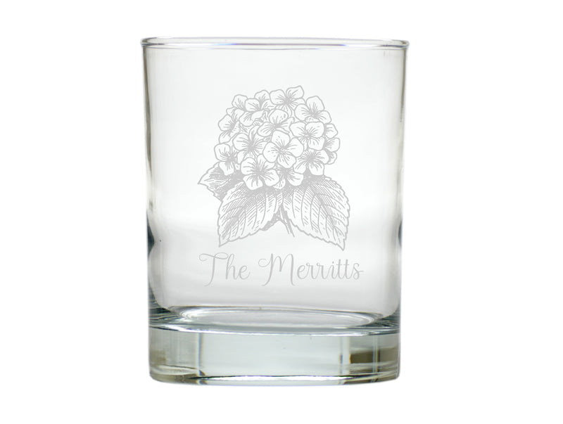 White Hydrangea Double Old Fashion Glass Engraved, Set of 6