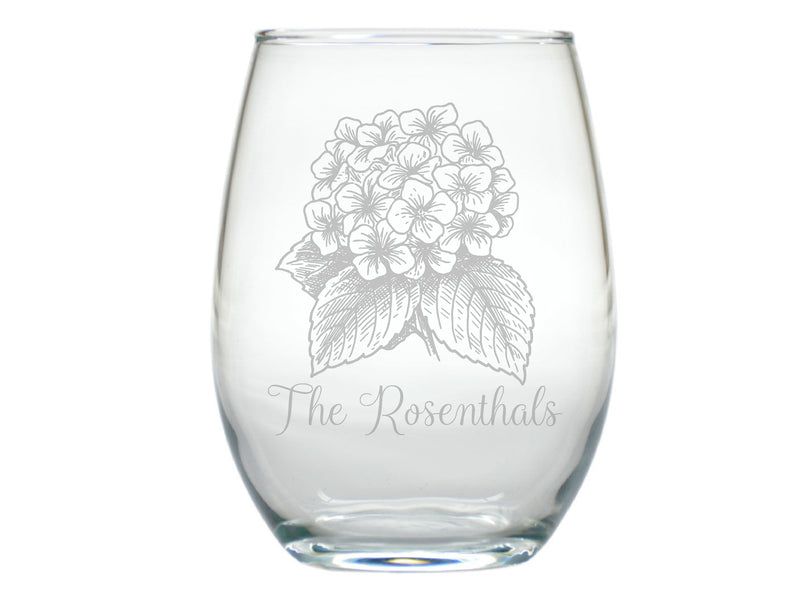 White Hydrangea Stemless Engraved Glasses