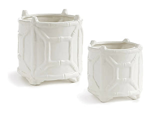 White Ceramic Round Bamboo Cachepot, 2 sizes