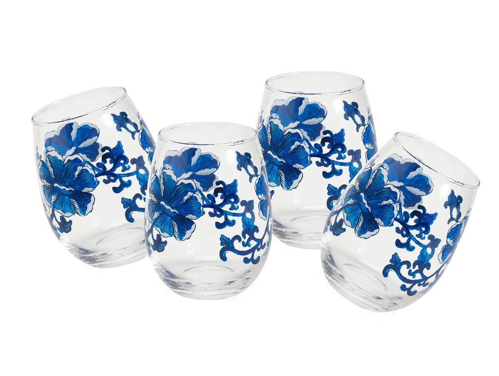 Blue Chinoiserie Floral Stemless Wine Glass, Set of 4