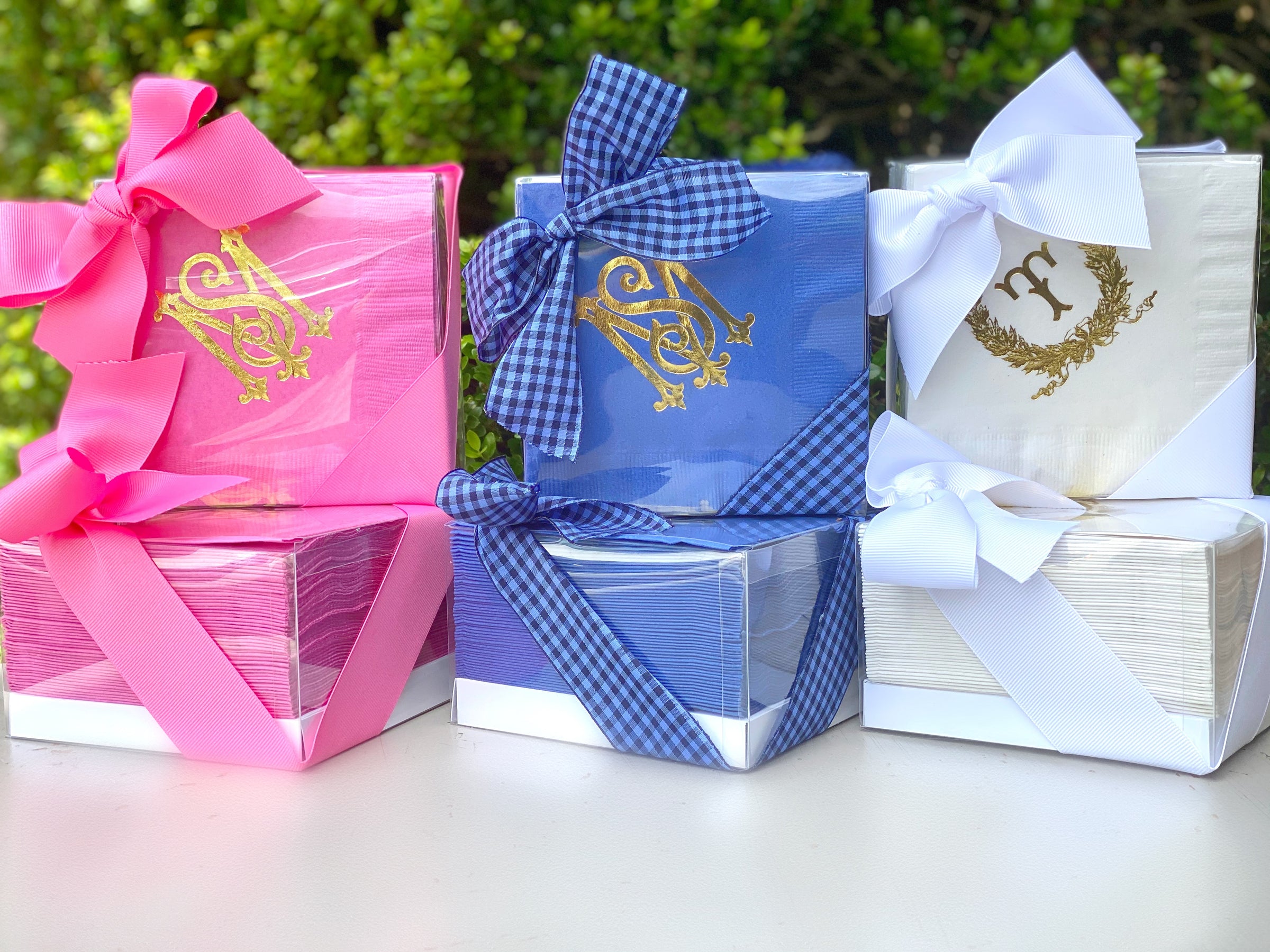 Navy Blue Wedding Favour Box With Golden Monogram Embroidery