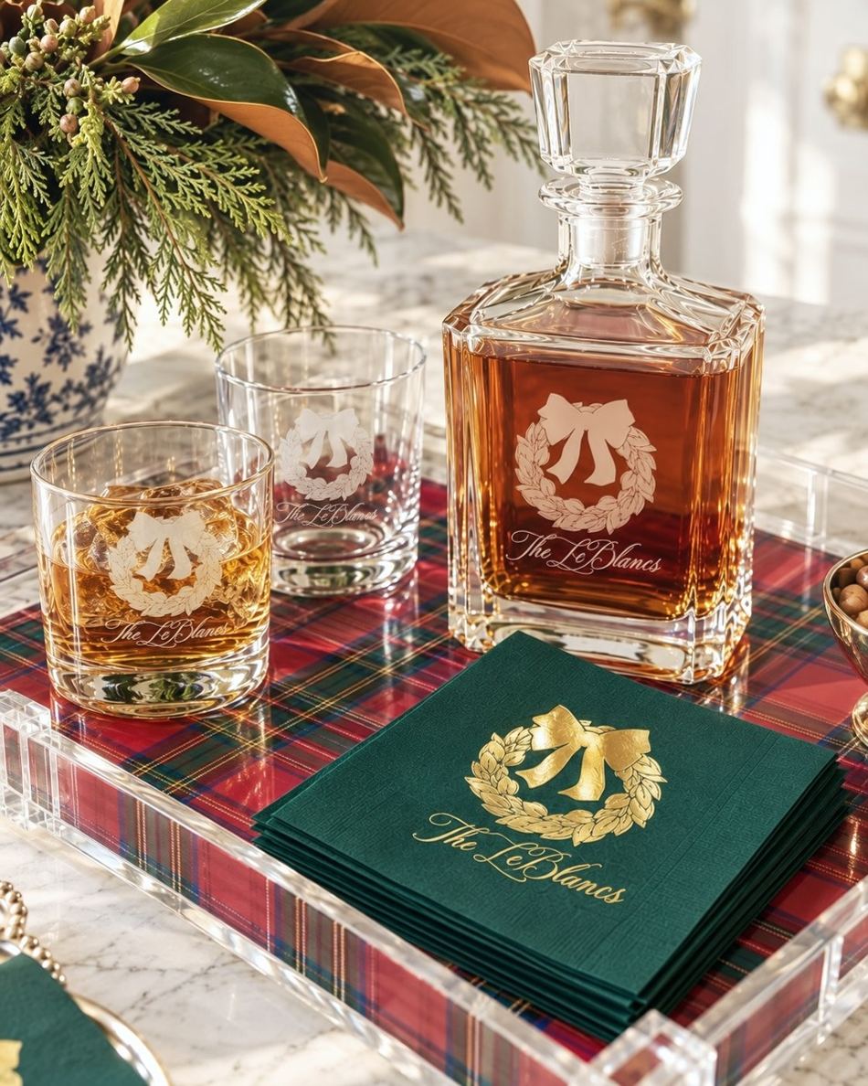 Personalized gold magnolia glassware and decanter with green cocktail napkins