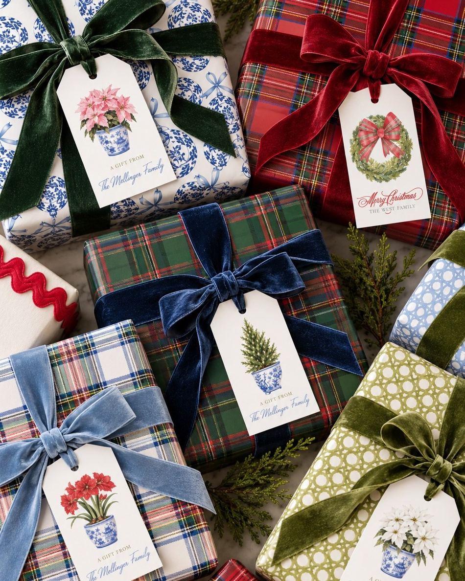 Christmas gifts wrapped with plaid ribbon and personalized gift tags