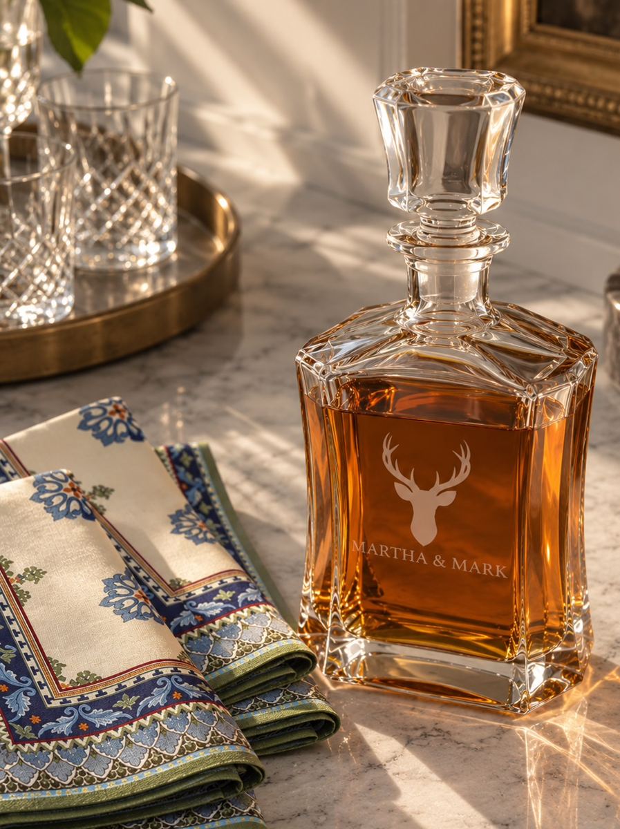 Engraved stag decanter with styled cocktail napkins