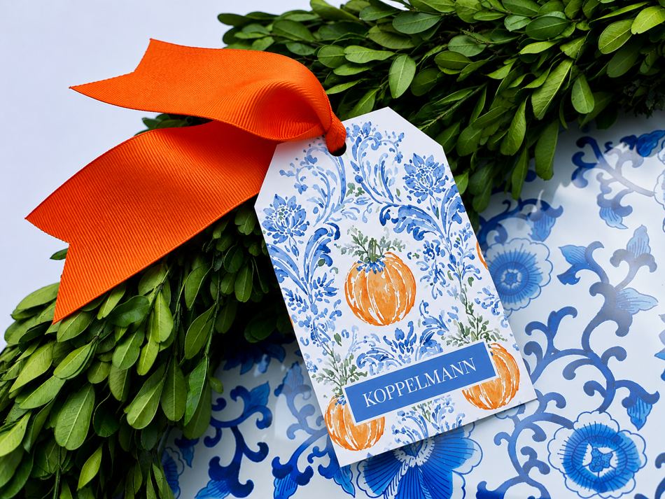 Damask Pumpkin gift tag with orange ribbon and blue chinoiserie gift wrap