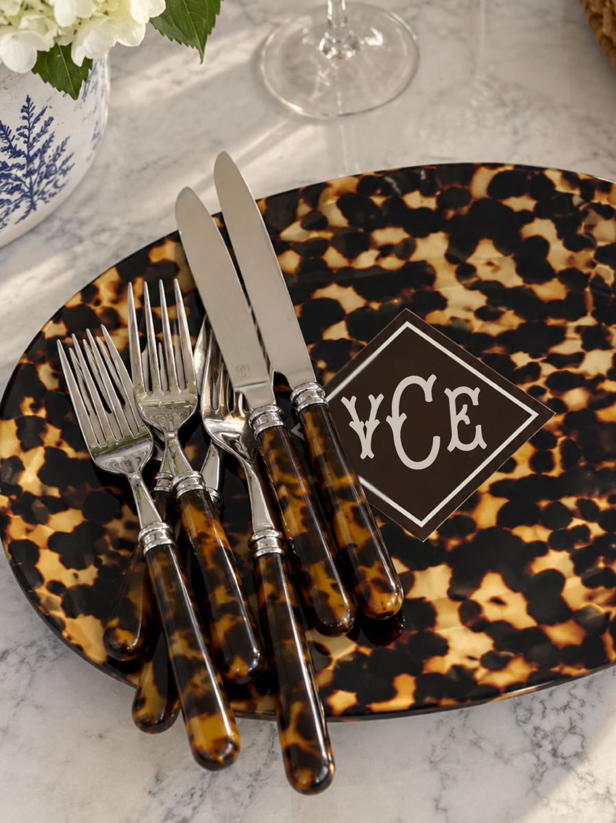 Monogrammed Tortoise platter with cutlery on a fall table