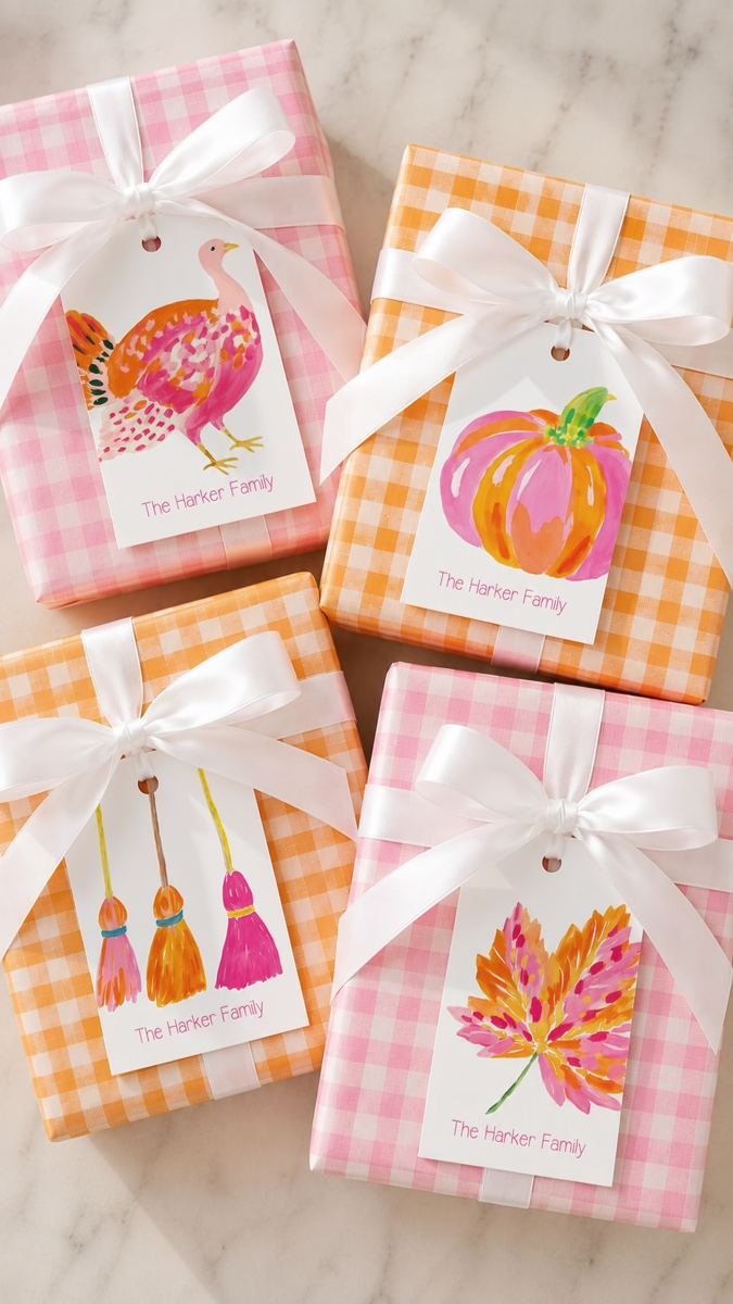 Autumn Prep gift tags on ribbon tied gift bags